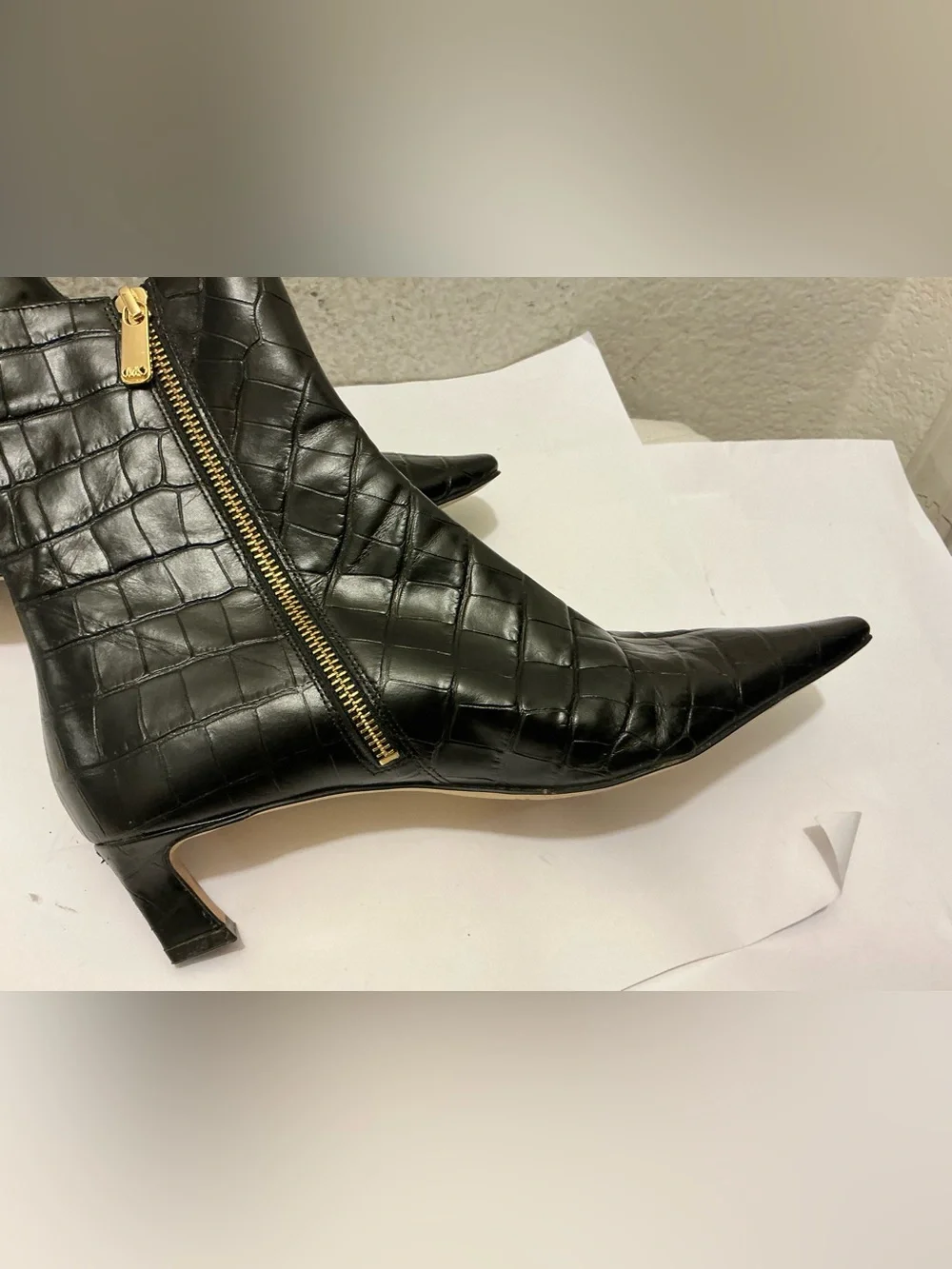 MICHAEL Michael Kors Black Croc-Embossed Pointed Ankle Booties with Gold Zip